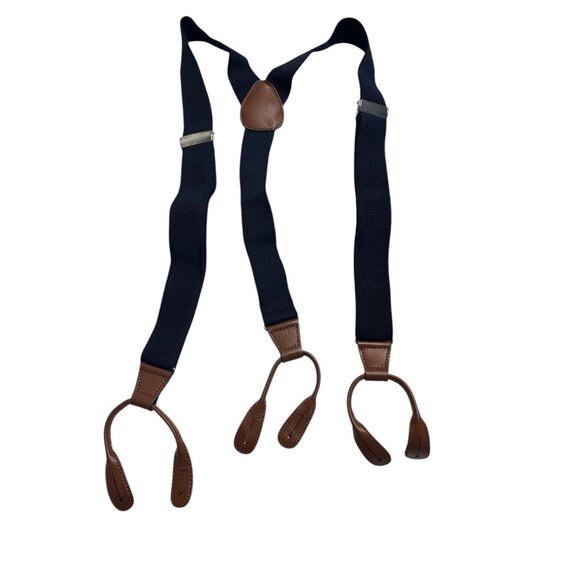 Mens Huntington Suspenders With Leather Loops & Adjustable Straps Navy & Striped - Picture 1 of 9